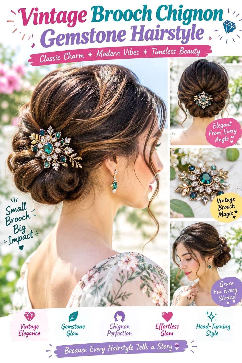 Vintage Brooch Chignon Gemstone Hairstyle