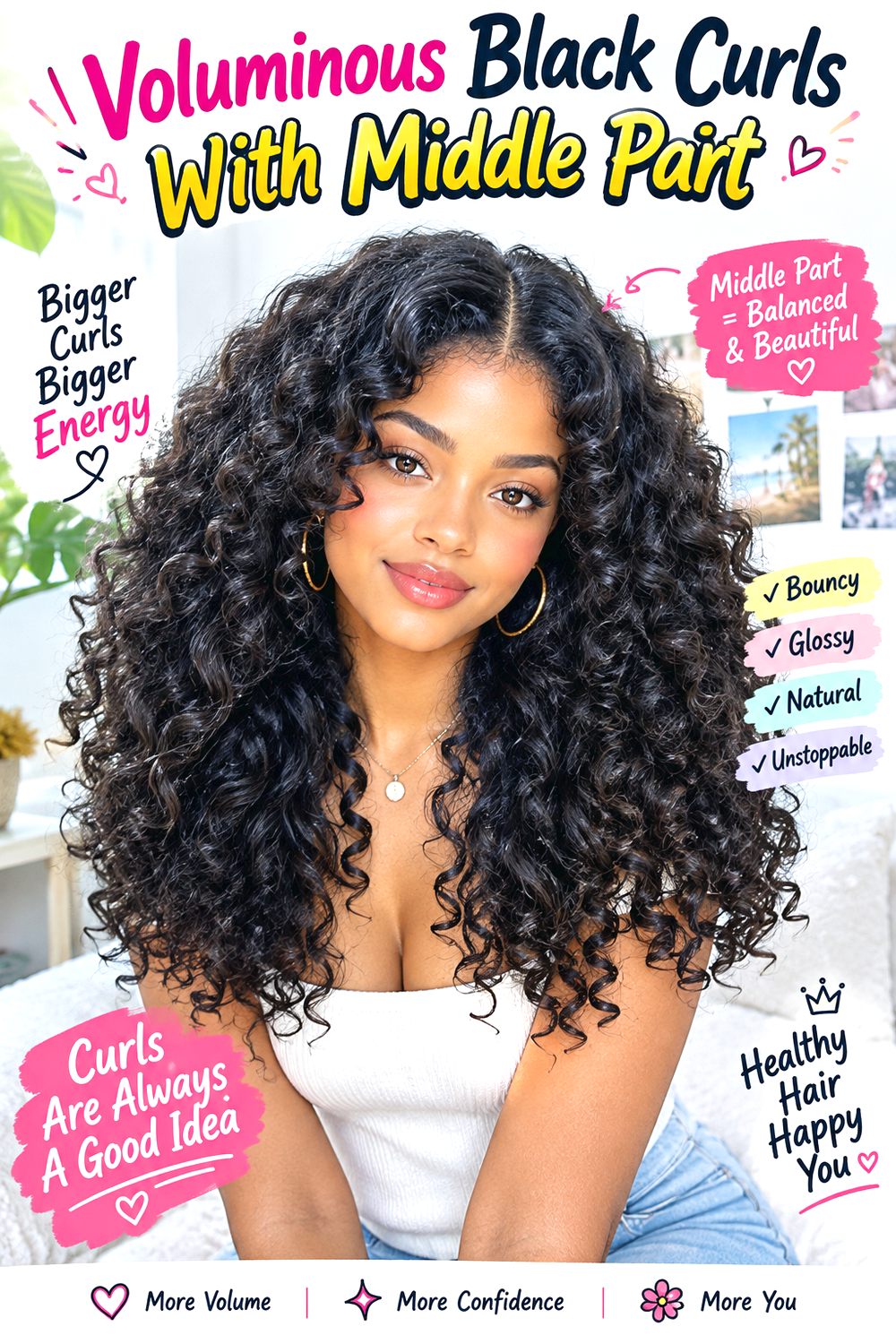 Voluminous Black Curls With Middle Part Hairstyle