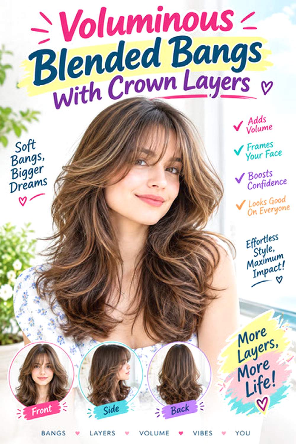 Voluminous Blended Bangs With Crown Layers