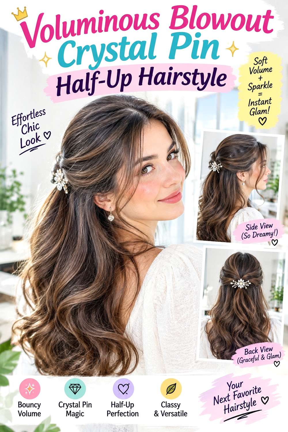 Voluminous Blowout Crystal Pin Half-Up Hairstyle