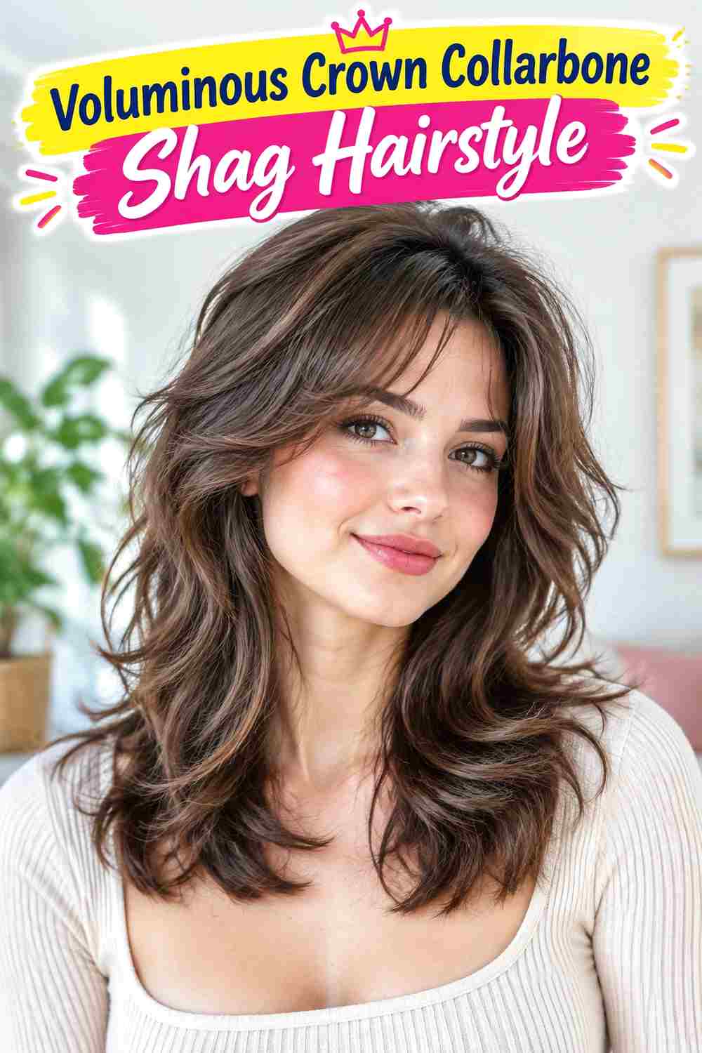 Voluminous Crown Collarbone Shag Hairstyle