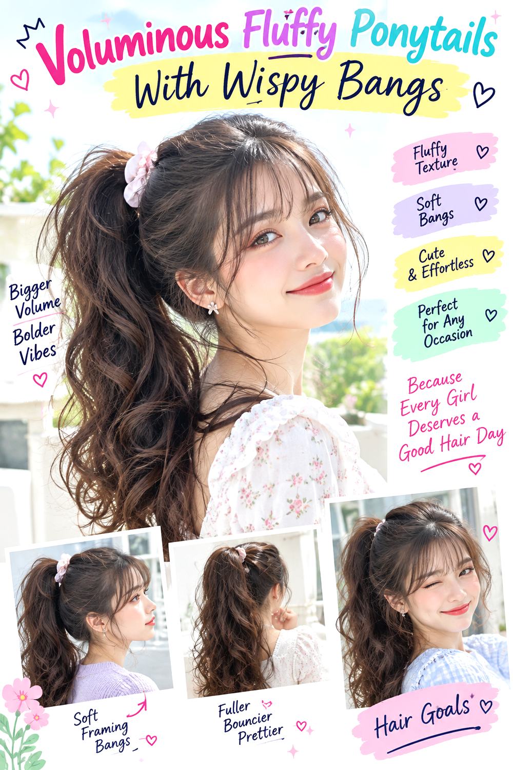 Voluminous Fluffy Ponytails With Wispy Bangs Hairstyle