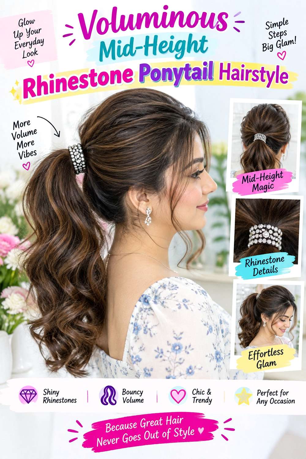 Voluminous Mid-Height Rhinestone Ponytail Hairstyle