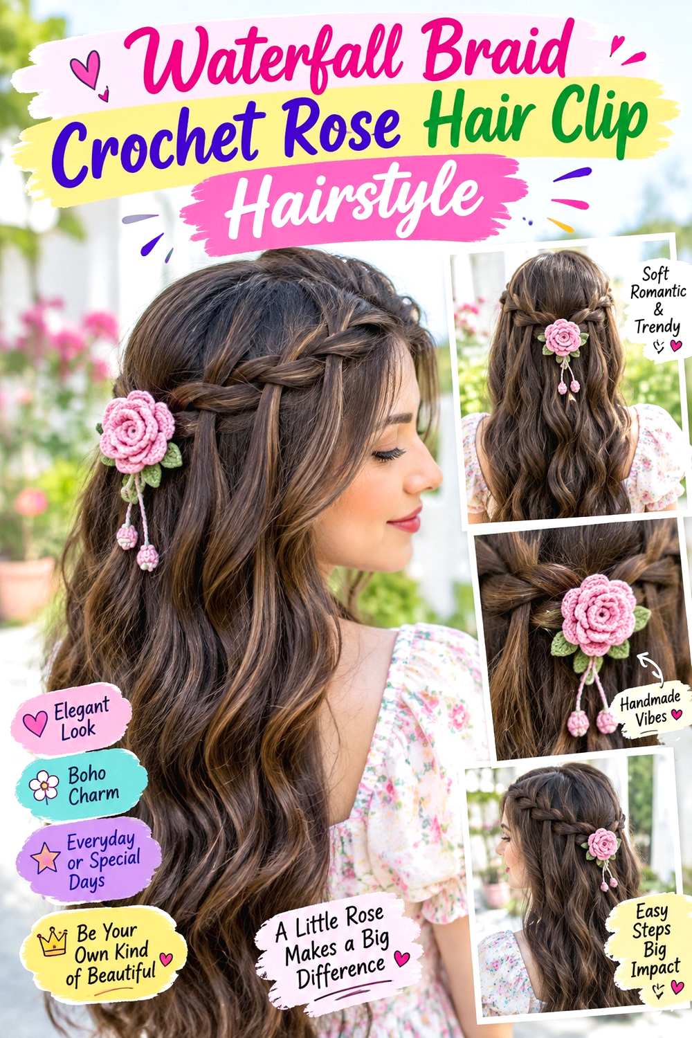 Waterfall Braid Crochet Rose Hair Clip Hairstyle