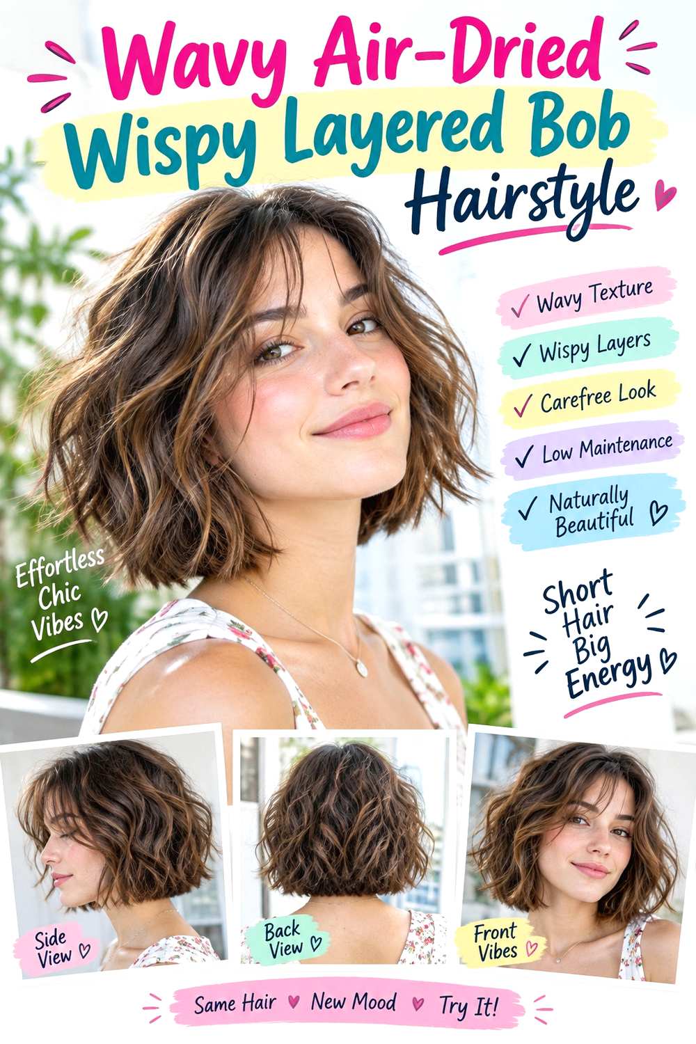 Wavy Air-Dried Wispy Layered Bob Hairstyle