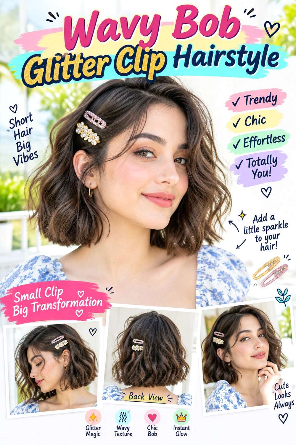 Wavy Bob Glitter Clip Hairstyle