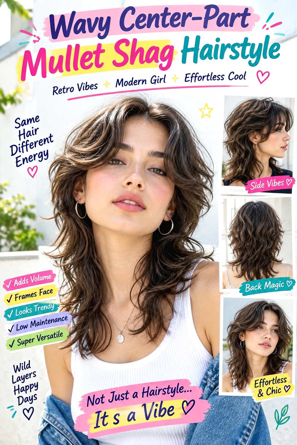 Wavy Center-Part Mullet Shag Hairstyle