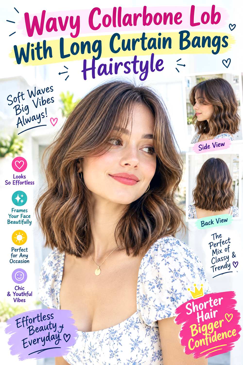 Wavy Collarbone Lob With Long Curtain Bangs Hairstyle