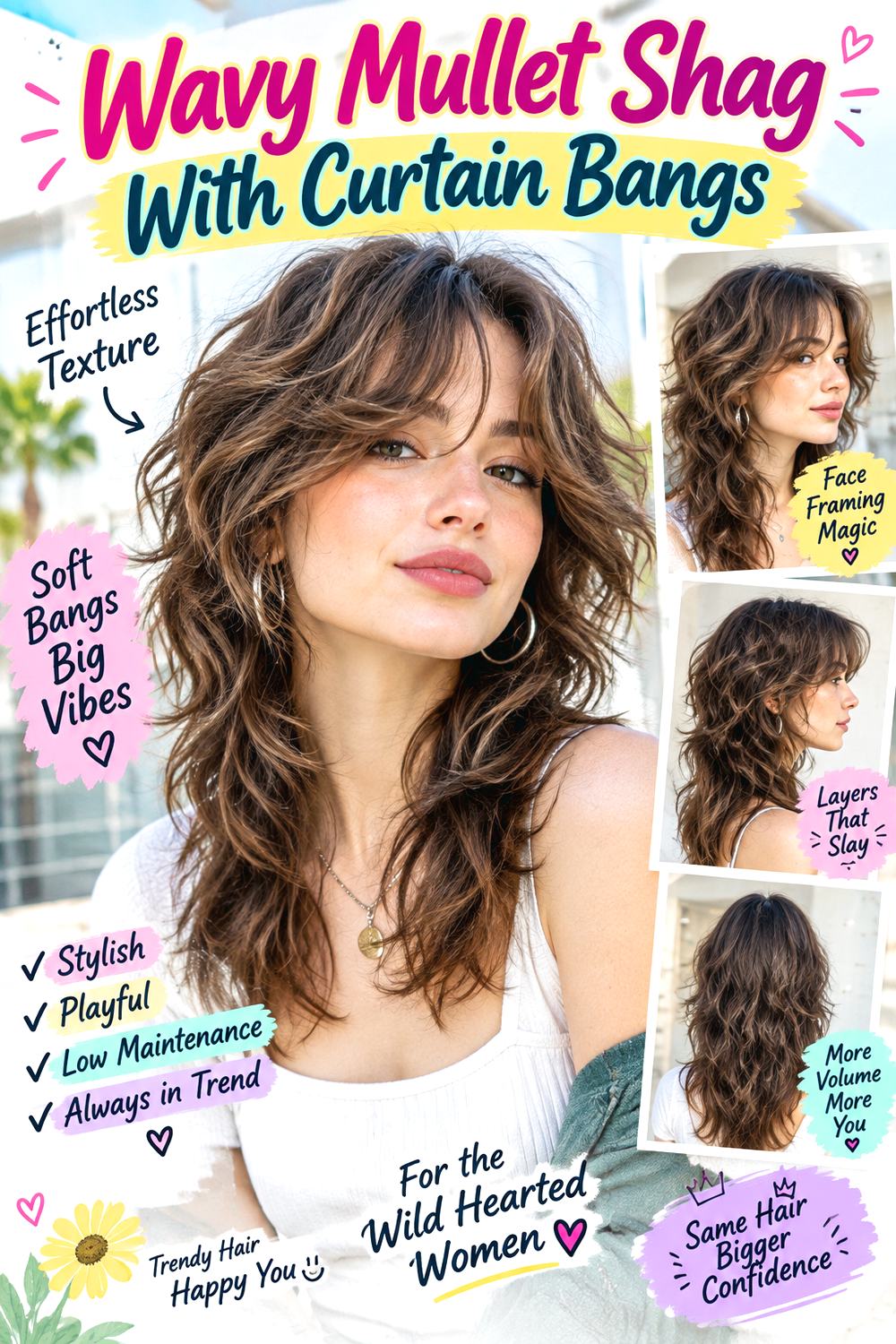 Wavy Mullet Shag With Curtain Bangs Hairstyle
