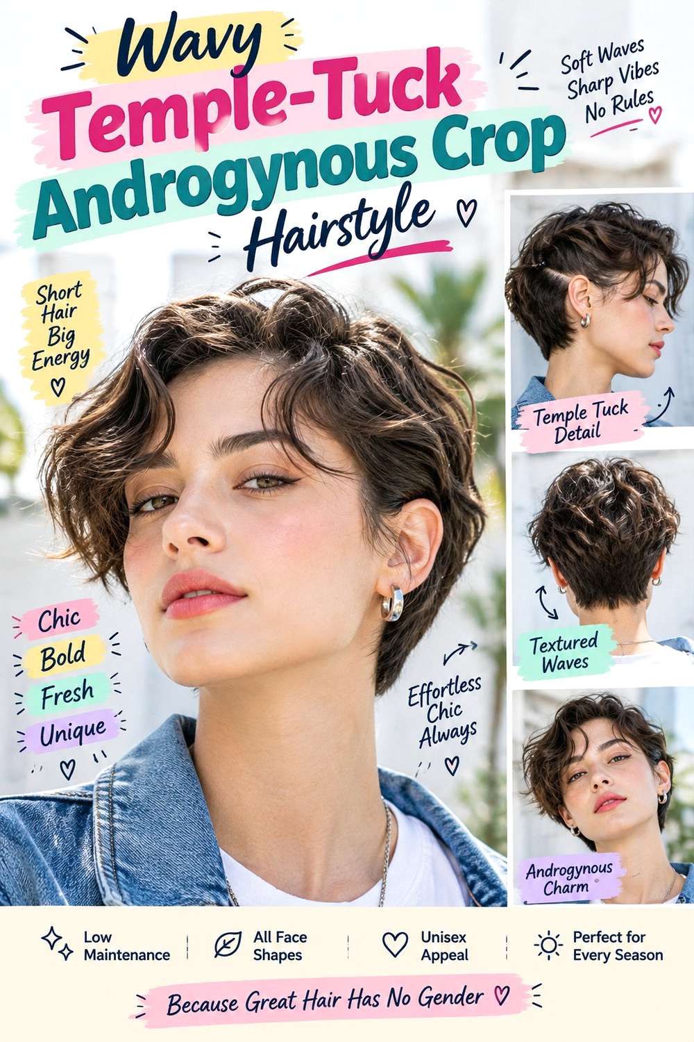 Wavy Temple-Tuck Androgynous Crop Hairstyle