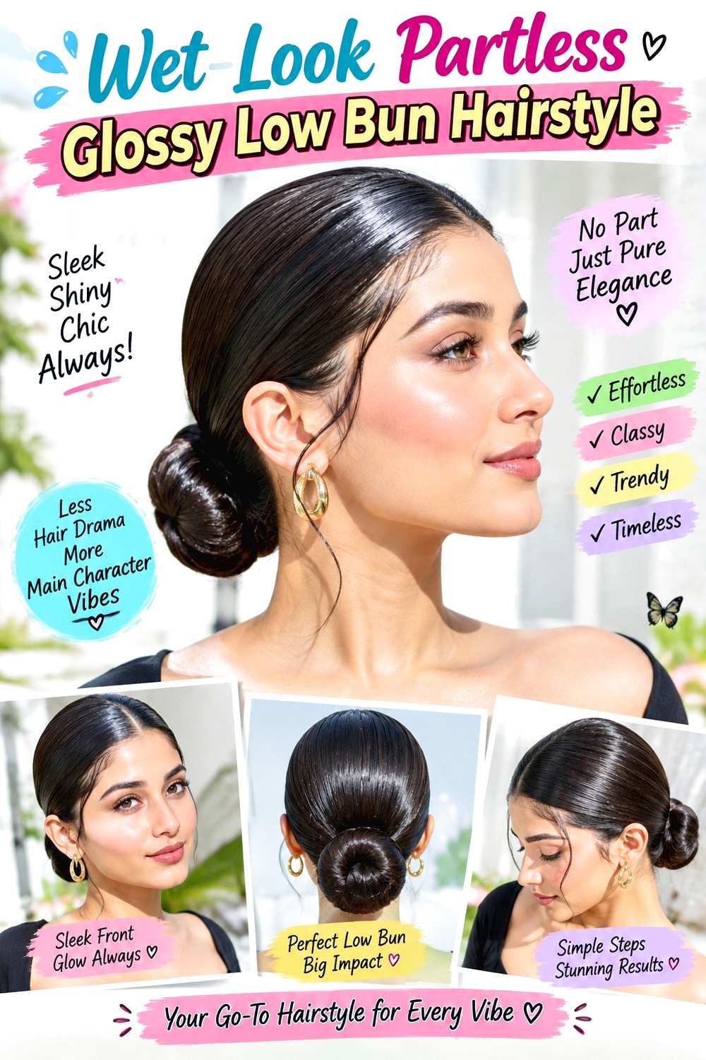 Wet-Look Partless Glossy Low Bun Hairstyle