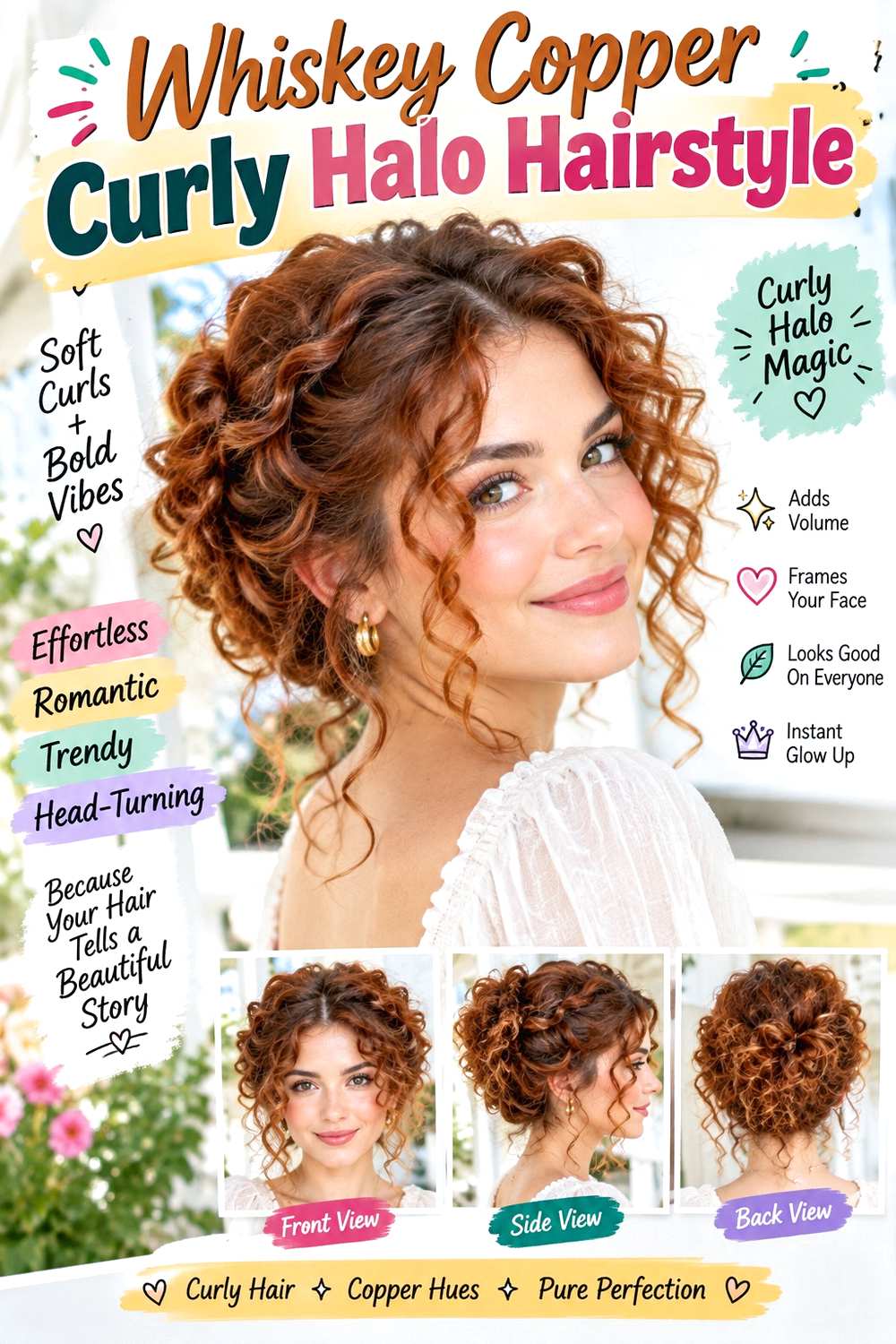 Whiskey Copper Curly Halo Hairstyle