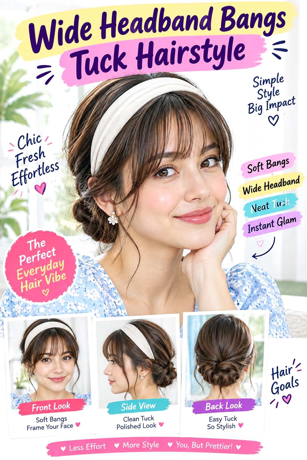 Wide Headband Bangs Tuck Hairstyle