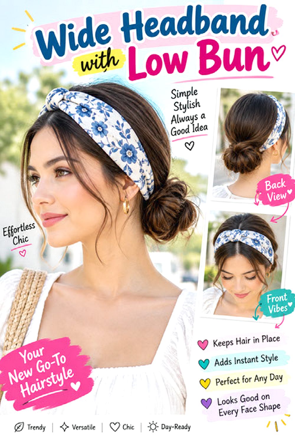 Wide Headband with Low Bun hairstyle
