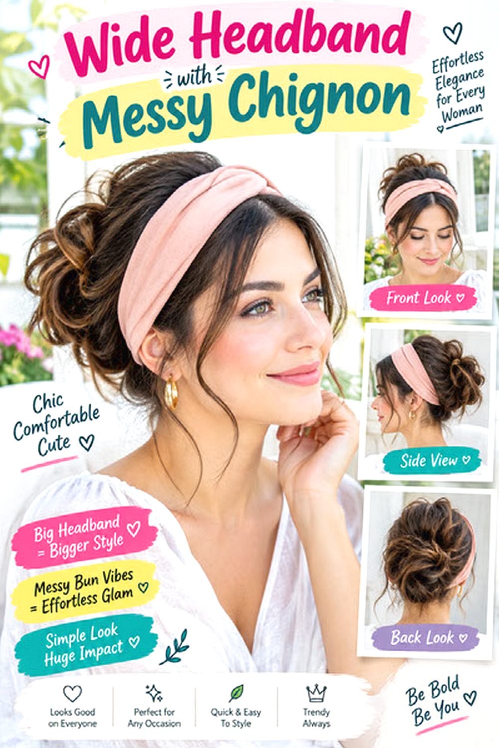 Wide Headband with Messy Chignon hairstyle