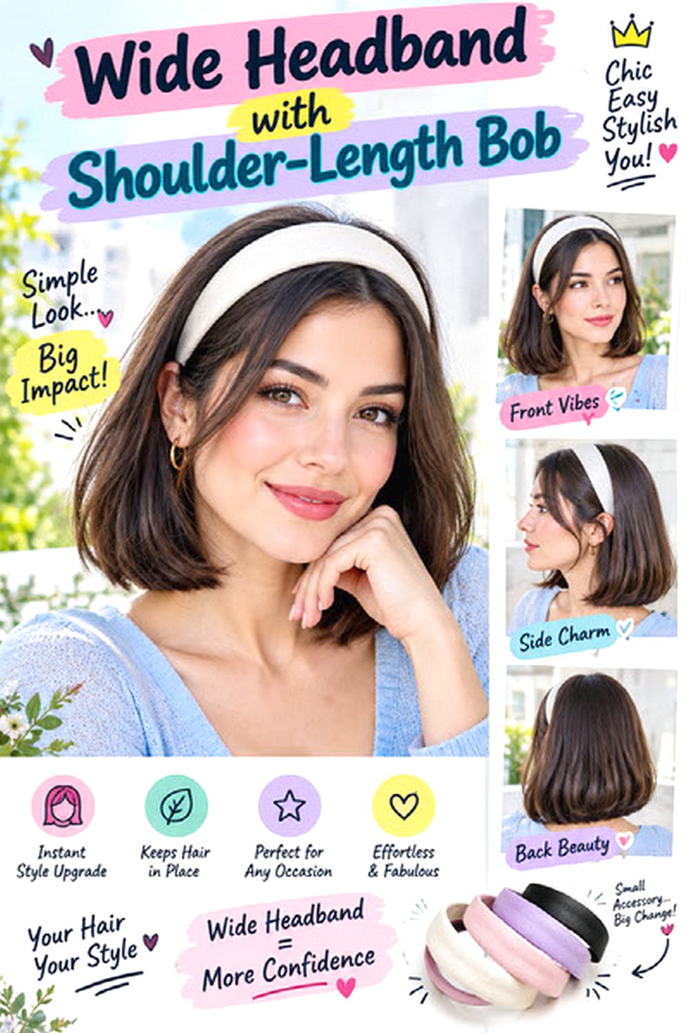 Wide Headband with Shoulder-Length Bob hairstyle