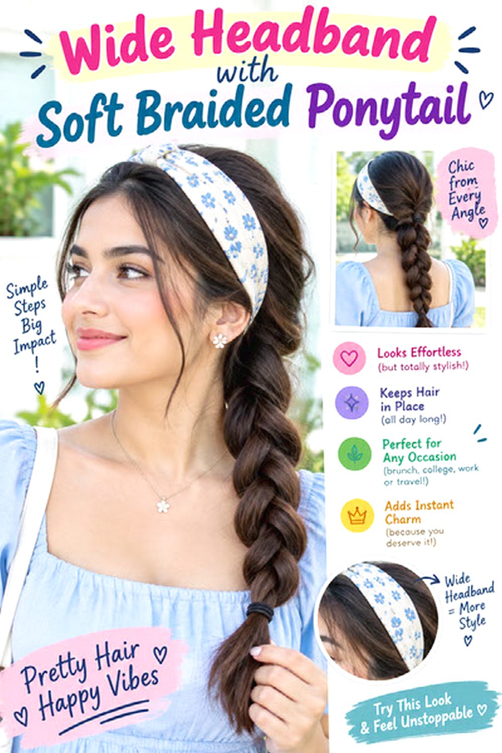Wide Headband with Soft Braided Ponytail hairstyle