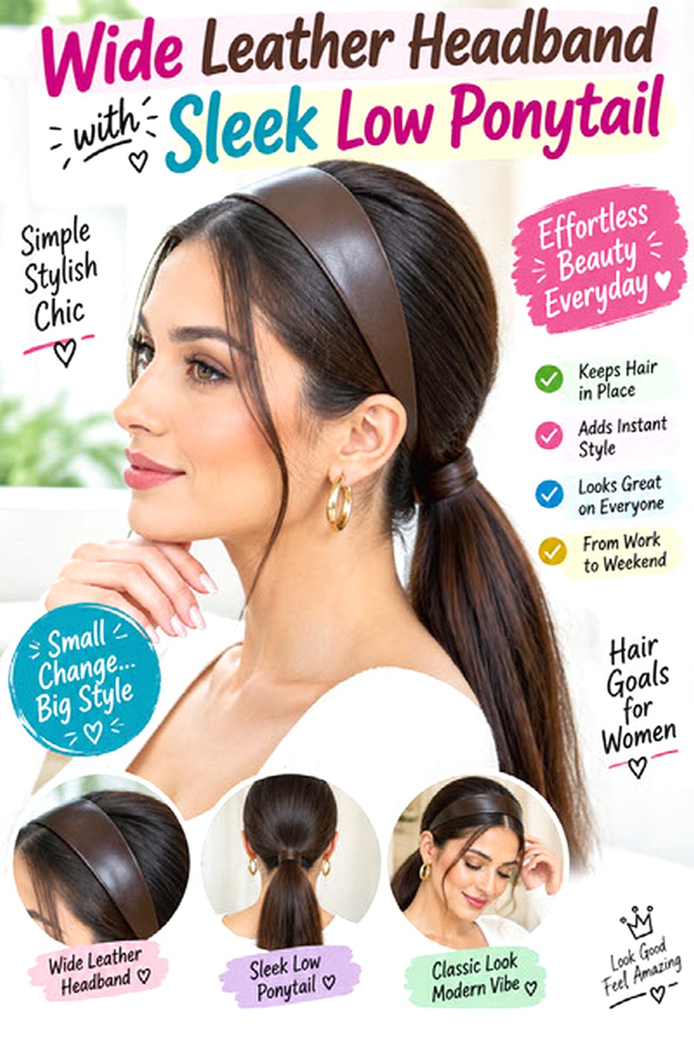 Wide Leather Headband with Sleek Low Ponytail hairstyle