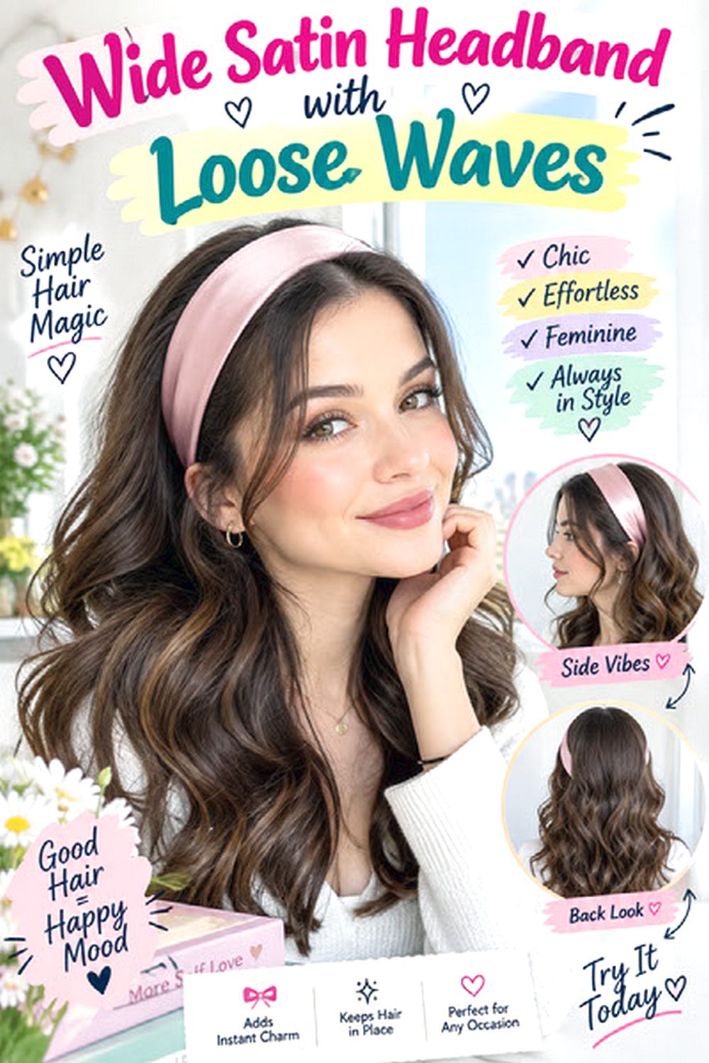 Wide Satin Headband with Loose Waves hairstyle