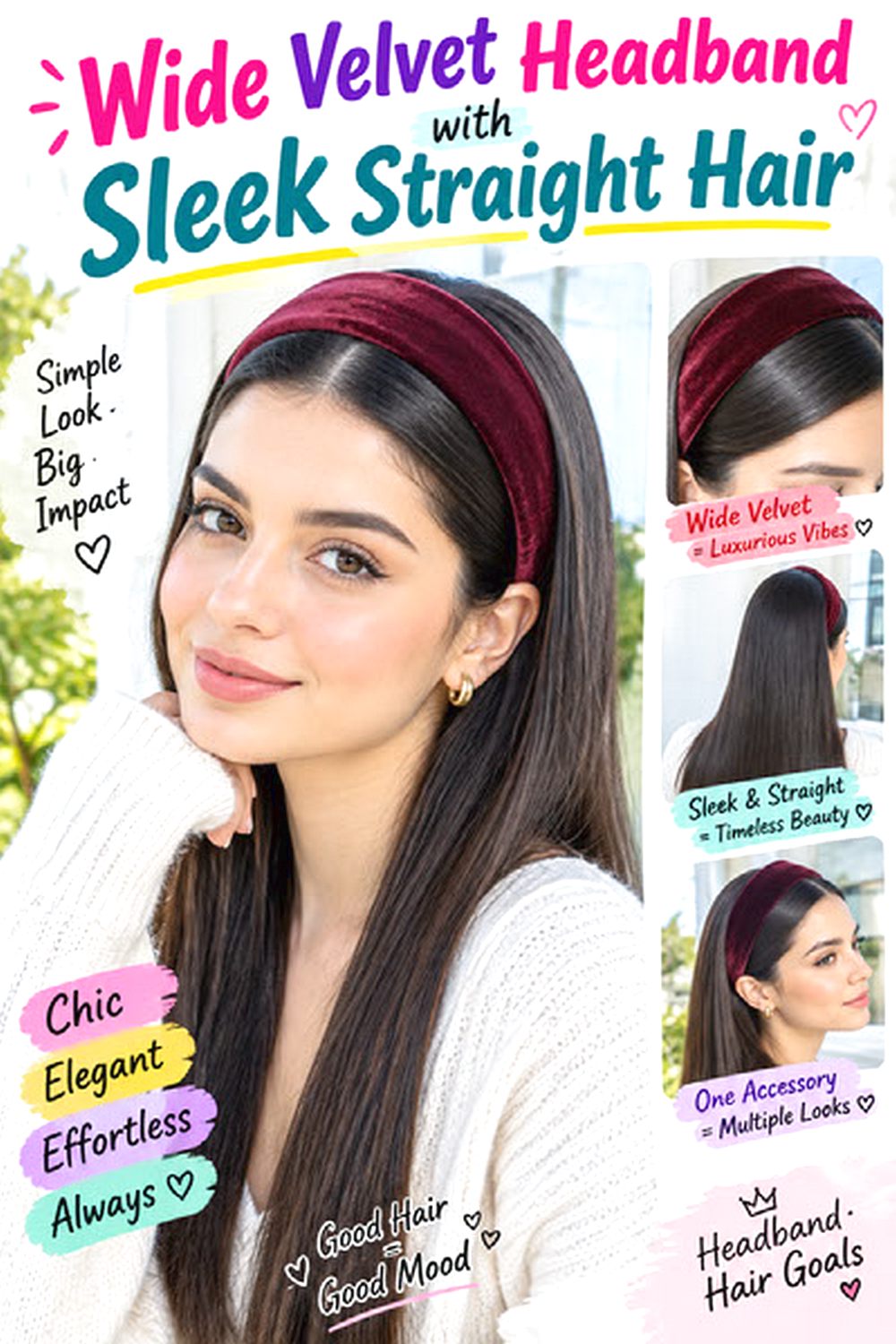 Wide Velvet Headband with Sleek Straight Hair hairstyle