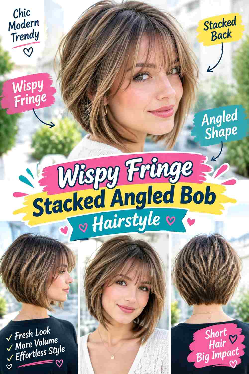 Wispy Fringe Stacked Angled Bob Hairstyle