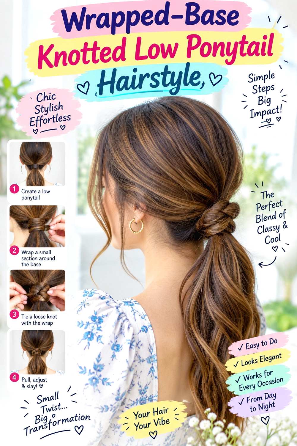 Wrapped-Base Knotted Low Ponytail Hairstyle