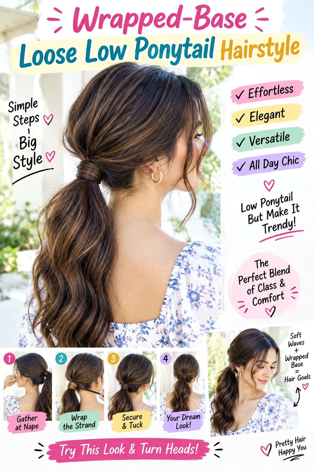 Wrapped-Base Loose Low Ponytail Hairstyle