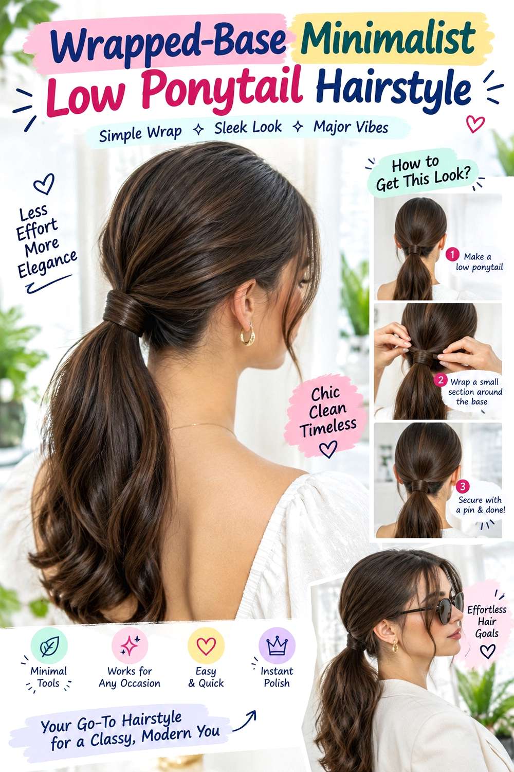 Wrapped-Base Minimalist Low Ponytail Hairstyle