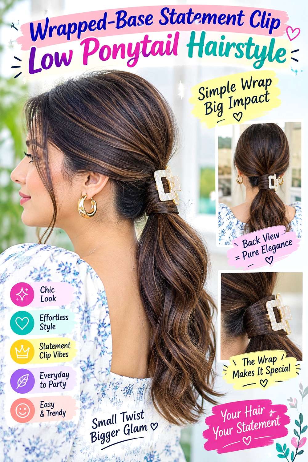 Wrapped-Base Statement Clip Low Ponytail Hairstyle